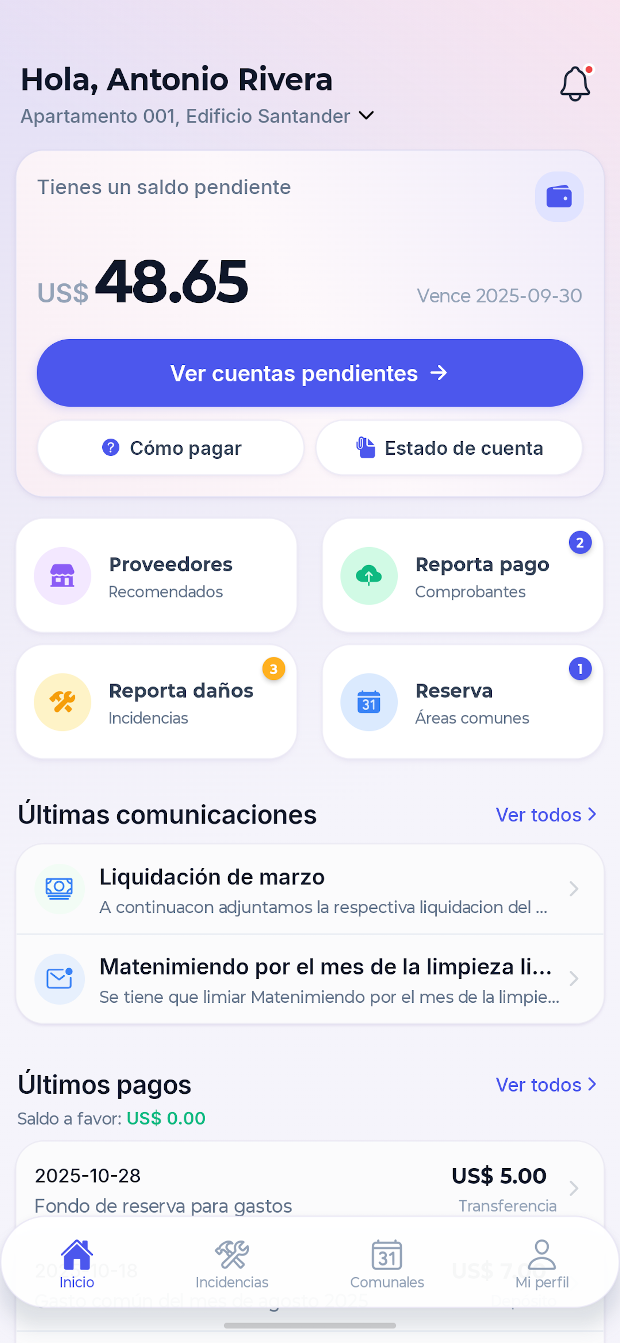 Inicio de la app Cuotafy - saldo y opciones rápidas