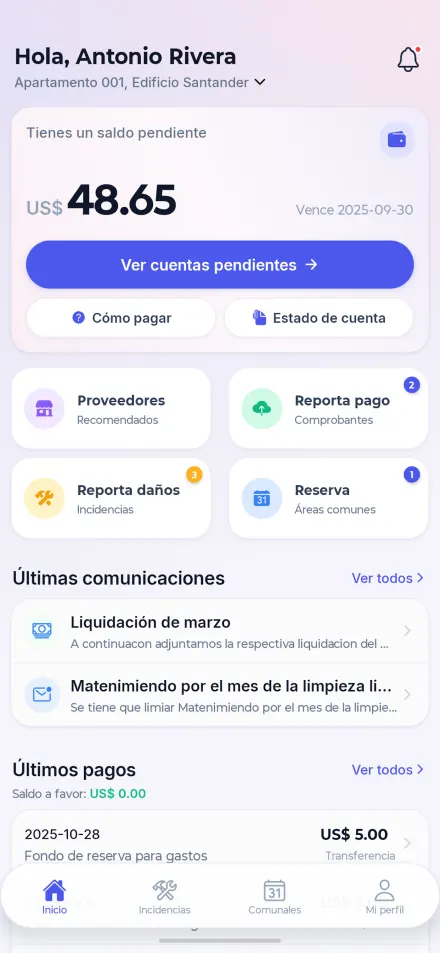 Inicio de la app Cuotafy - saldo y opciones rápidas
